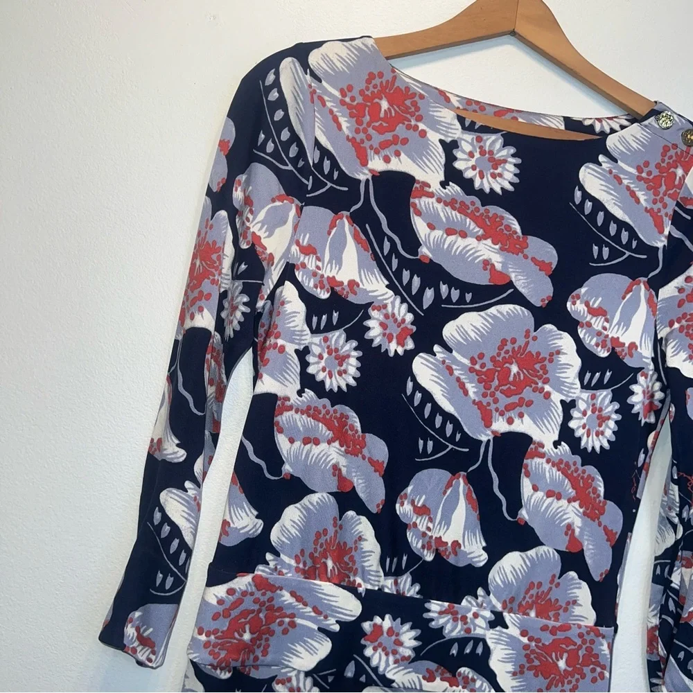 Tory Burch Silk Floral Navy Knee Length Sheath Dress Size Small 3/4 Sleeves
